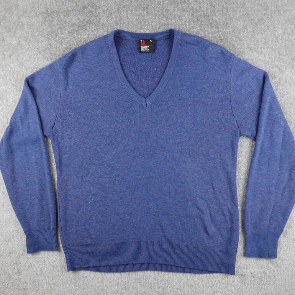 Vintage Robert Bruce Sweater Men's XL Blue V-Neck Pullover Made USA Lightweight